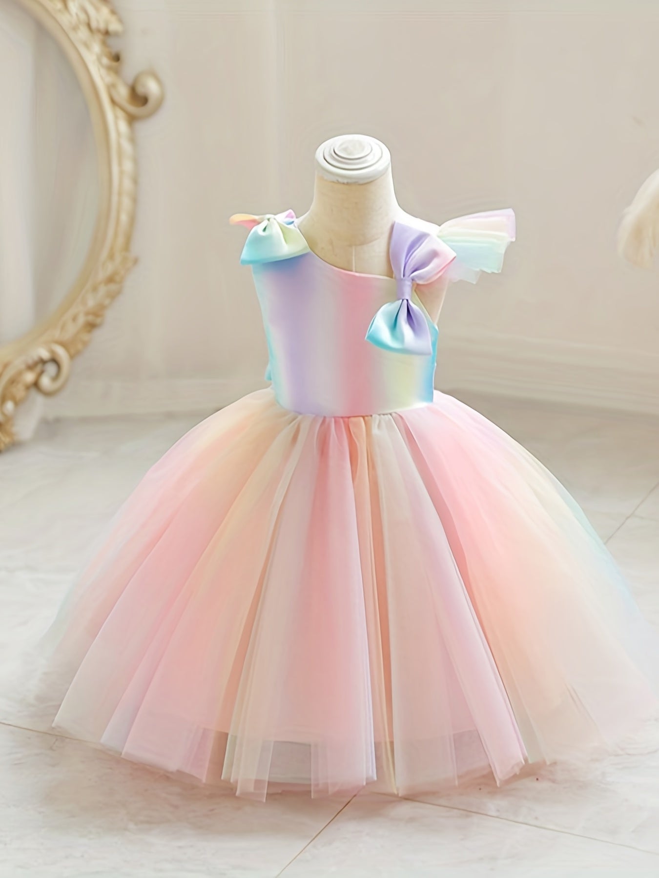 Girls Sleeveless Princess Dress with Bow Mesh Panelled Bodysuit
