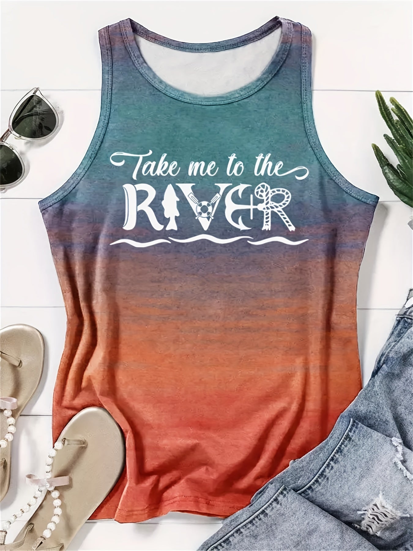 Anchor & Letter Print Tank Top Crew Neck Summer Tank Top