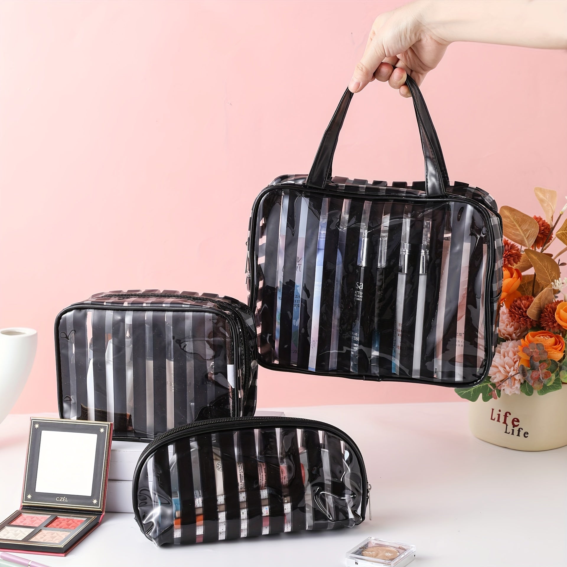 3Pcs Stripes Pattern Makeup Bags Kit Portable Waterproof Travel Organizer