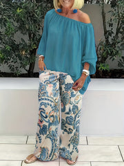 Women's 2 Piece Set Solid One Shoulder Top & Leaf Print Pants Outfits