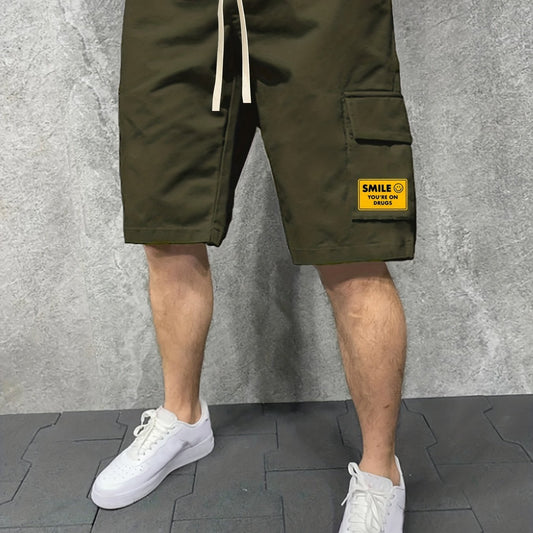 Men's Comfy Cargo Shorts Smile Solid Stretch Elastic Waist Drawstring Shorts