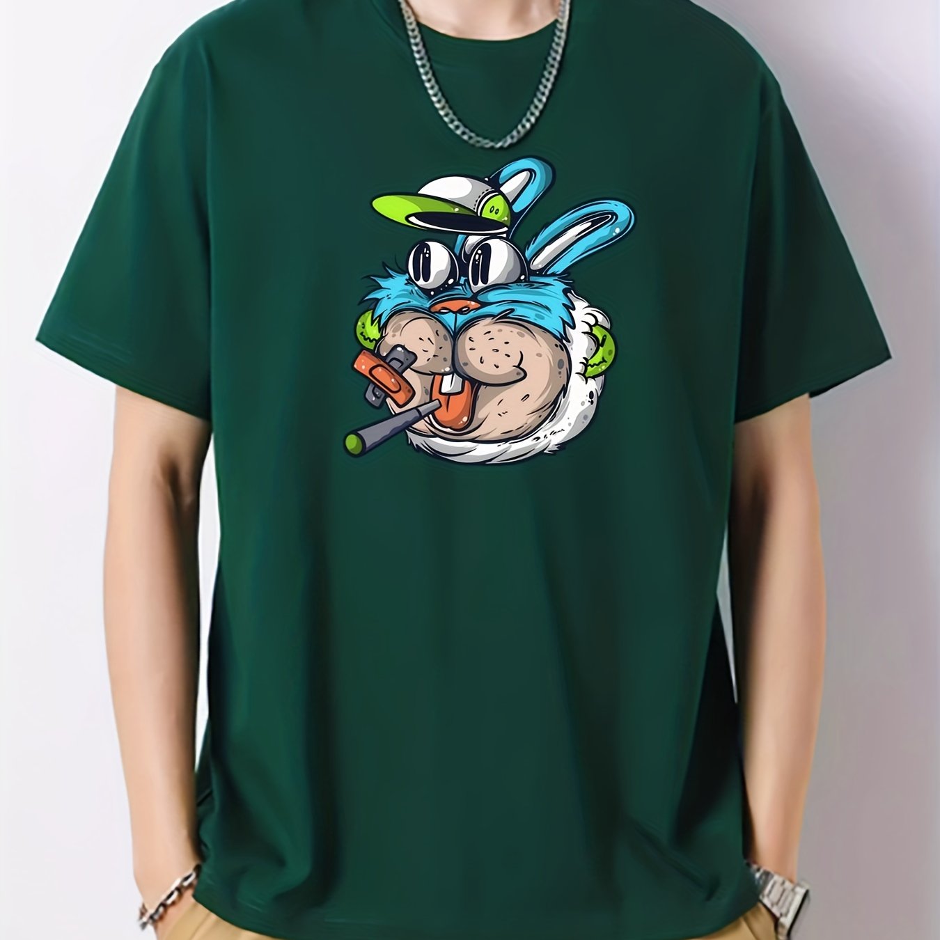 Cartoon Rabbit Print Men's Cotton Graphic Crew Neck Active T shirt
