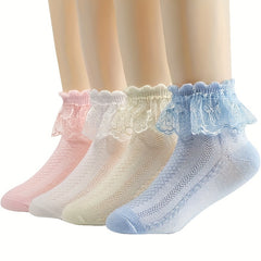 4 Pairs Girls Breathable Cotton Lace Crew Socks for Spring Summer