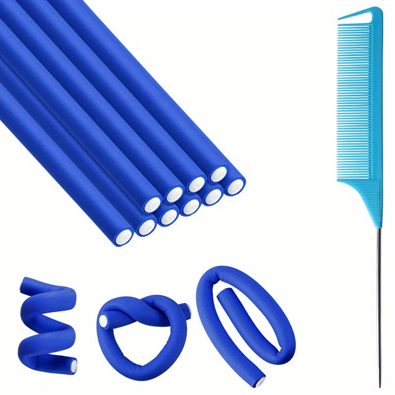 Hair Styling Tool Kit: 10 Foam Curling Rods + Rat Tail Comb