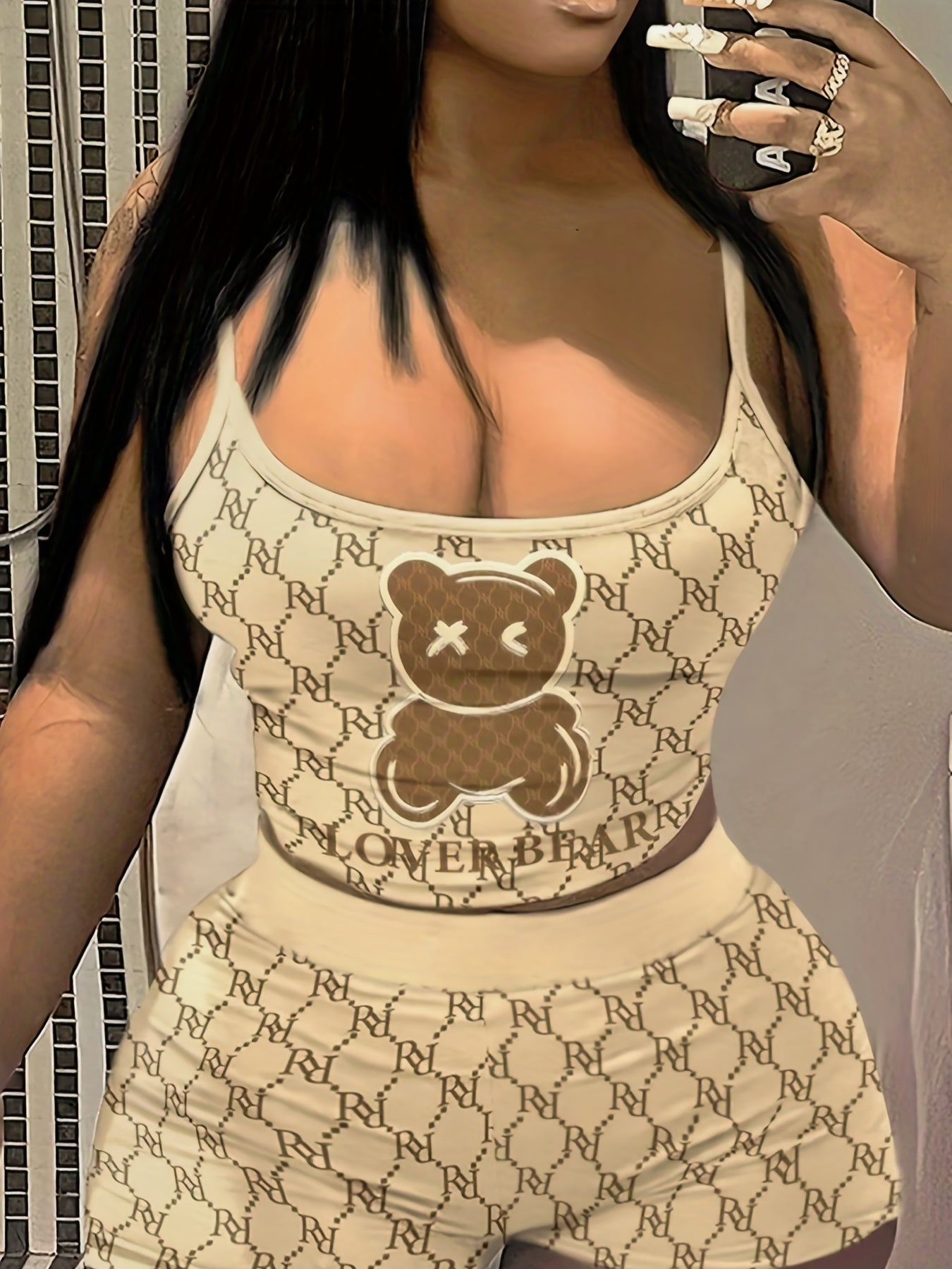 Cartoon Bear Print Cami Top & Slim Shorts Set