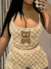 Cartoon Bear Print Cami Top & Slim Shorts Set