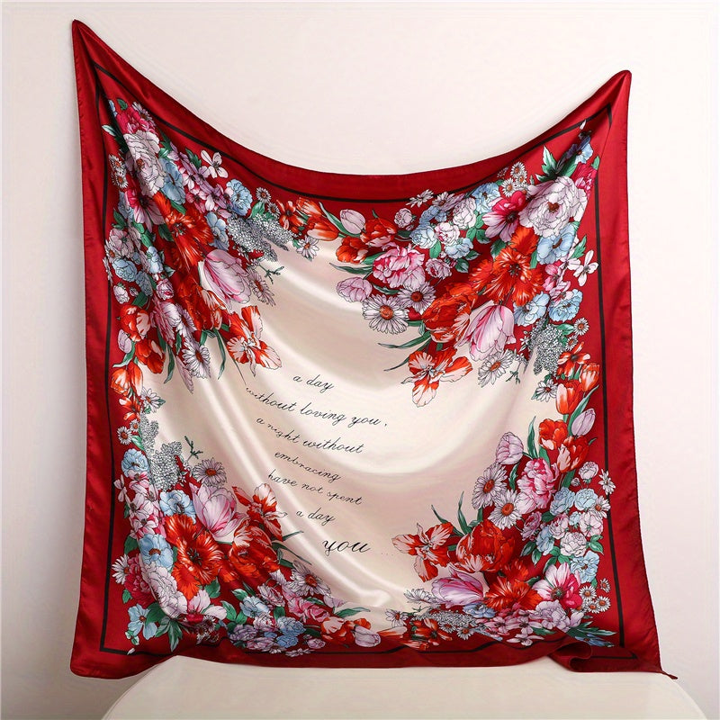 Vintage Flower Print Satin Scarf Large Shawl Women Head Wrap Bandana