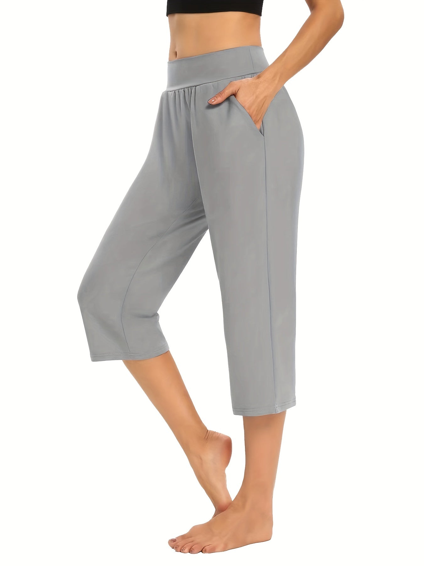 Elastic Waist Pocket Cropped Pants Casual Stretchy Stylish Pants