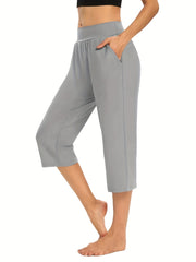 Elastic Waist Pocket Cropped Pants Casual Stretchy Stylish Pants