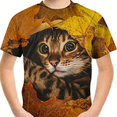 Boy's Leaf & Cat Graphic T shirt Casual 3D Print Tee