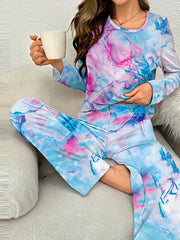Colorblock Print Pajama Set Long Sleeve Crew Neck Top & Elastic Waistband Pants