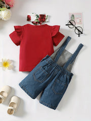 3pc Toddler Girls Ruffle Trim T Shirt Tops & Sunflower Ripped Overalls Set
