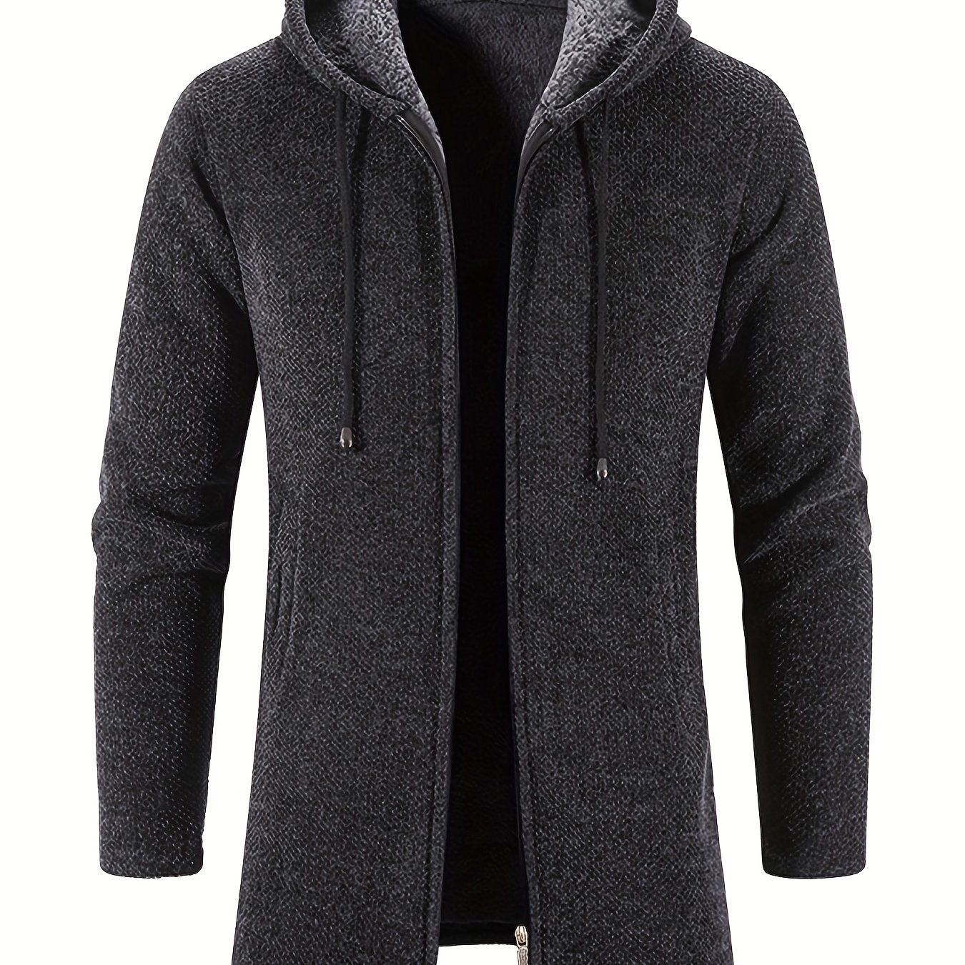Plush Mid-length Jacket Men's Zip Up Hooded Jacket For Fall Winter