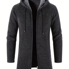 Plush Mid-length Jacket Men's Zip Up Hooded Jacket For Fall Winter