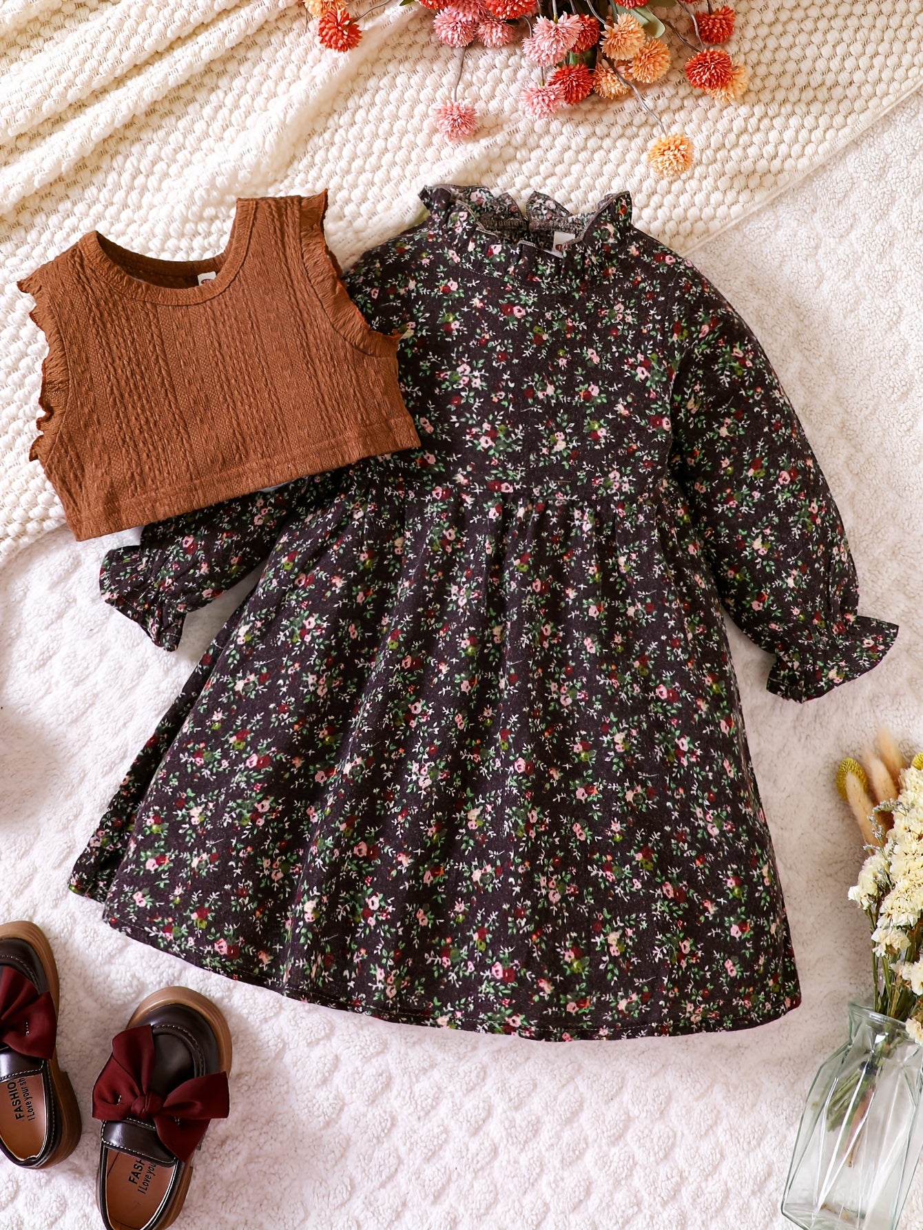 Girl's Floral Dress & Knitted Vest Set for Spring/Autumn