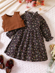Girl's Floral Dress & Knitted Vest Set for Spring/Autumn