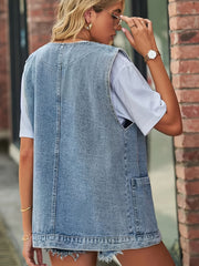 Sleeveless Denim Waistcoat Patch Pocket Button Loose Casual Denim Vest