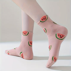 5 Pairs Fruit & Vegetable Print Socks Comfy Crew Socks Women's Stockings Hosiery