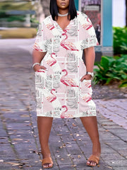 Women's Plus Flamingo & Leaf Print V Neck Dress With Pockets