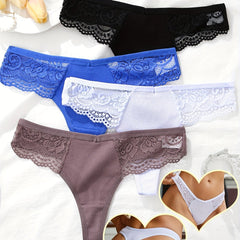 4pcs Lace Ribbed Thongs Sexy Intimates Panties Women's Lingerie