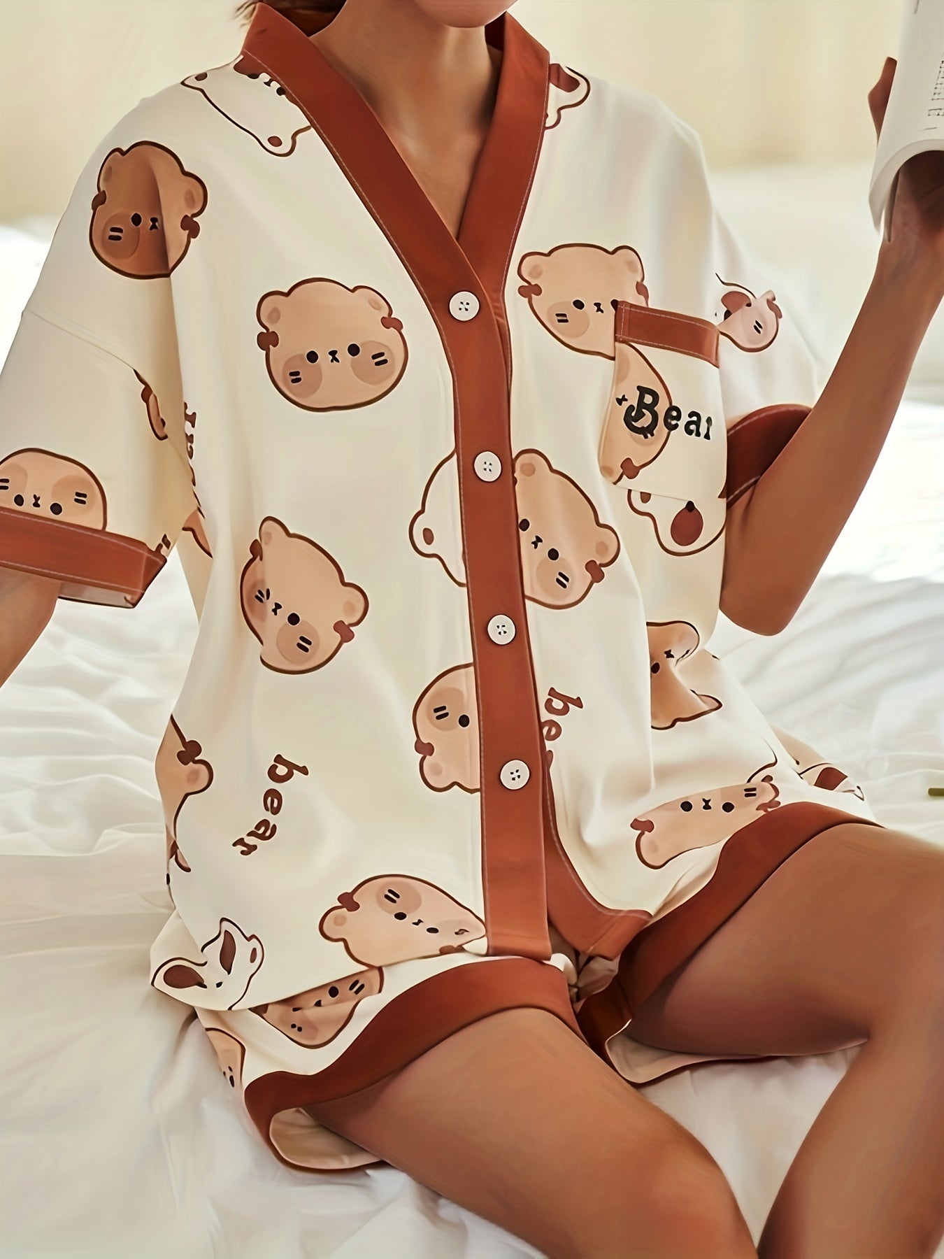 Bear Print Lounge Set Short Sleeve Top & Shorts Women's Loungewear
