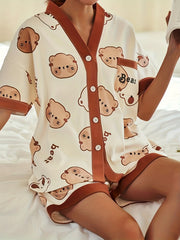 Bear Print Lounge Set Short Sleeve Top & Shorts Women's Loungewear