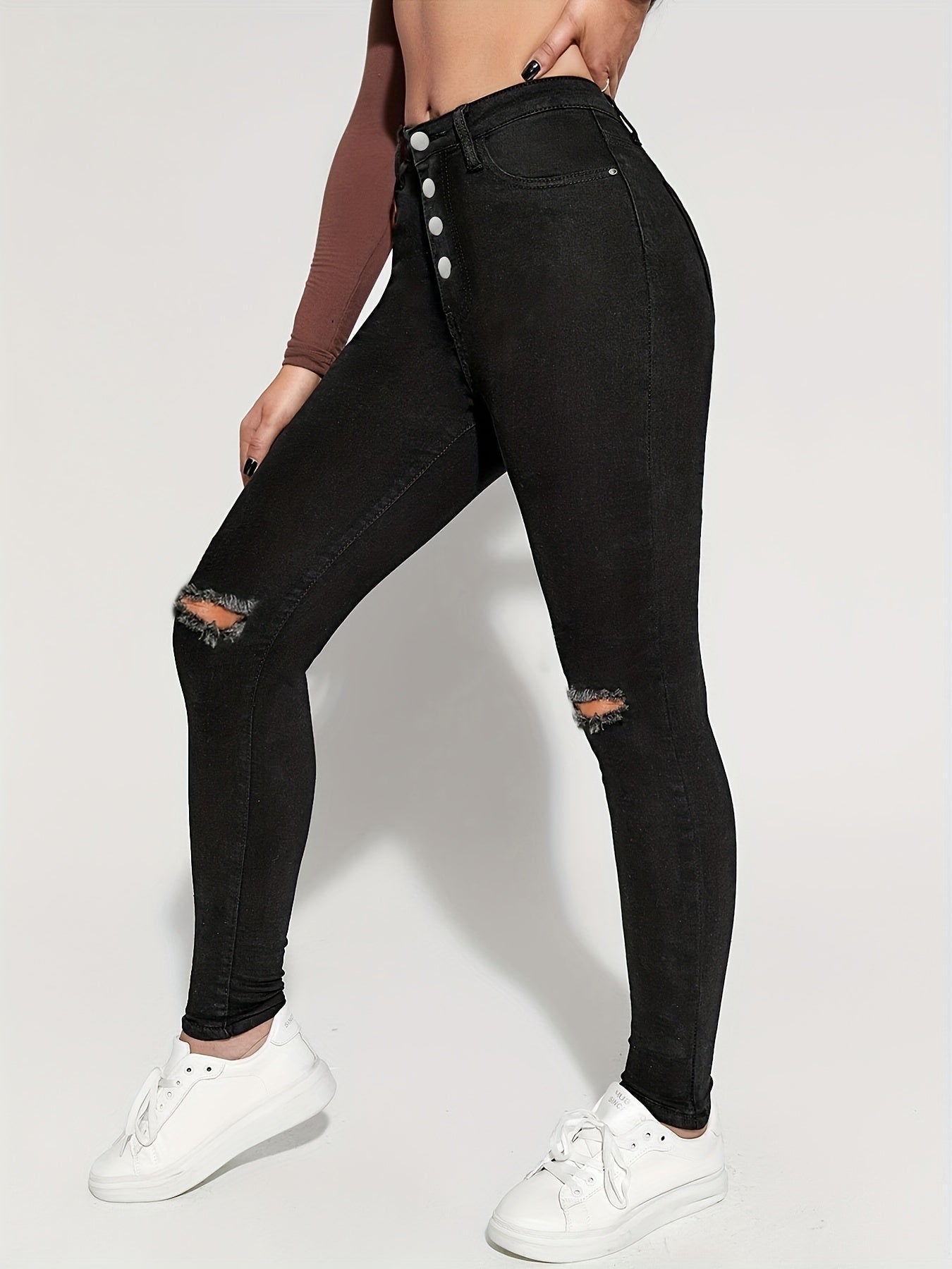 Slim Fit Distressed High Rise Jeans Button High Waist Denim Pants