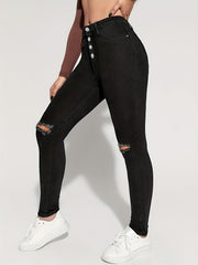 Slim Fit Distressed High Rise Jeans Button High Waist Denim Pants