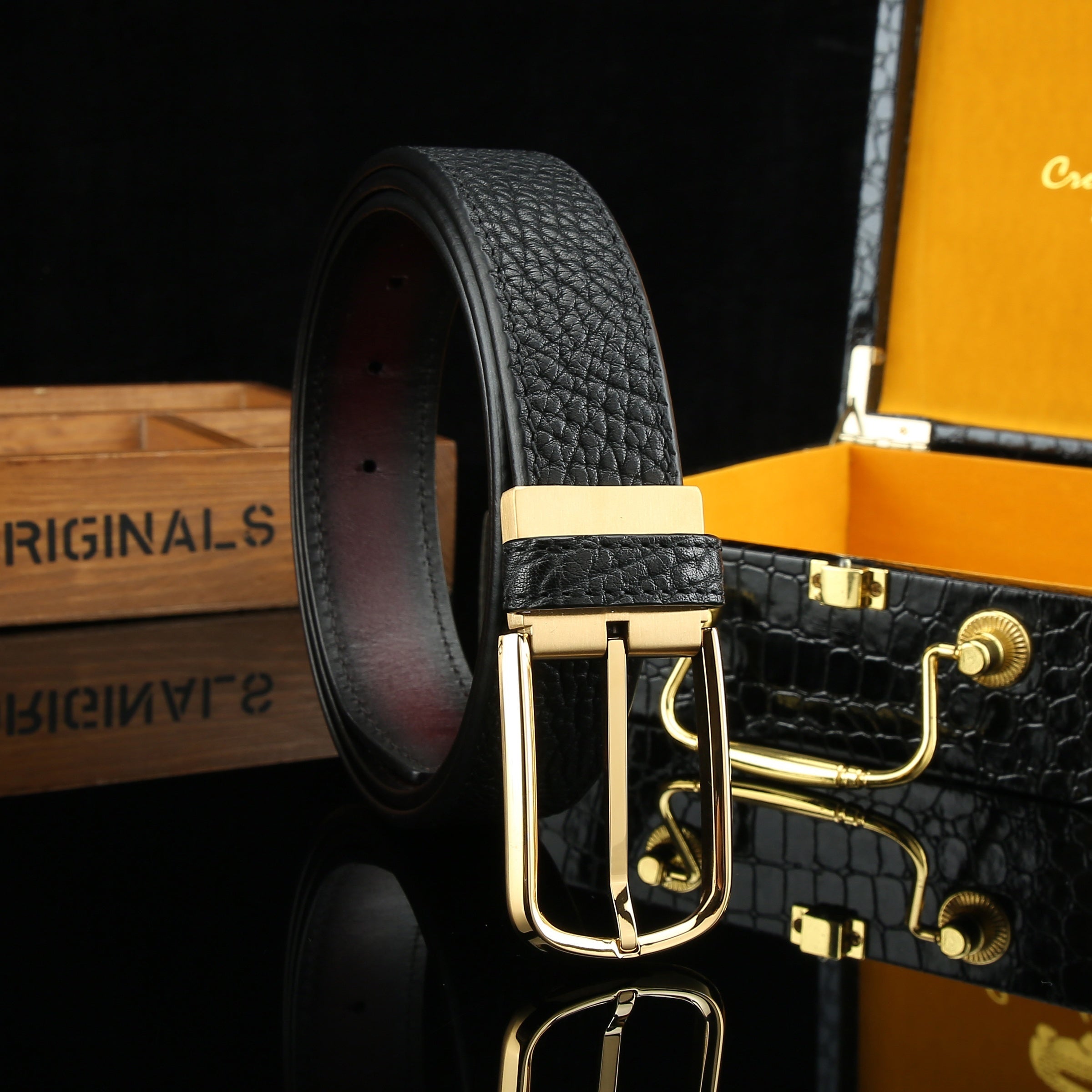 Men's Minimalism Hollow Auto Buckle Belt Stainless Steel Top Layer Cowhide