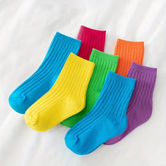 3 Pairs Kids Colorful Crew Socks, Fluorescent Striped, Four Seasons, Mid Tube