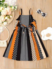 Girls Summer Cami Dress Block Striped Polka Dot Backless Strappy