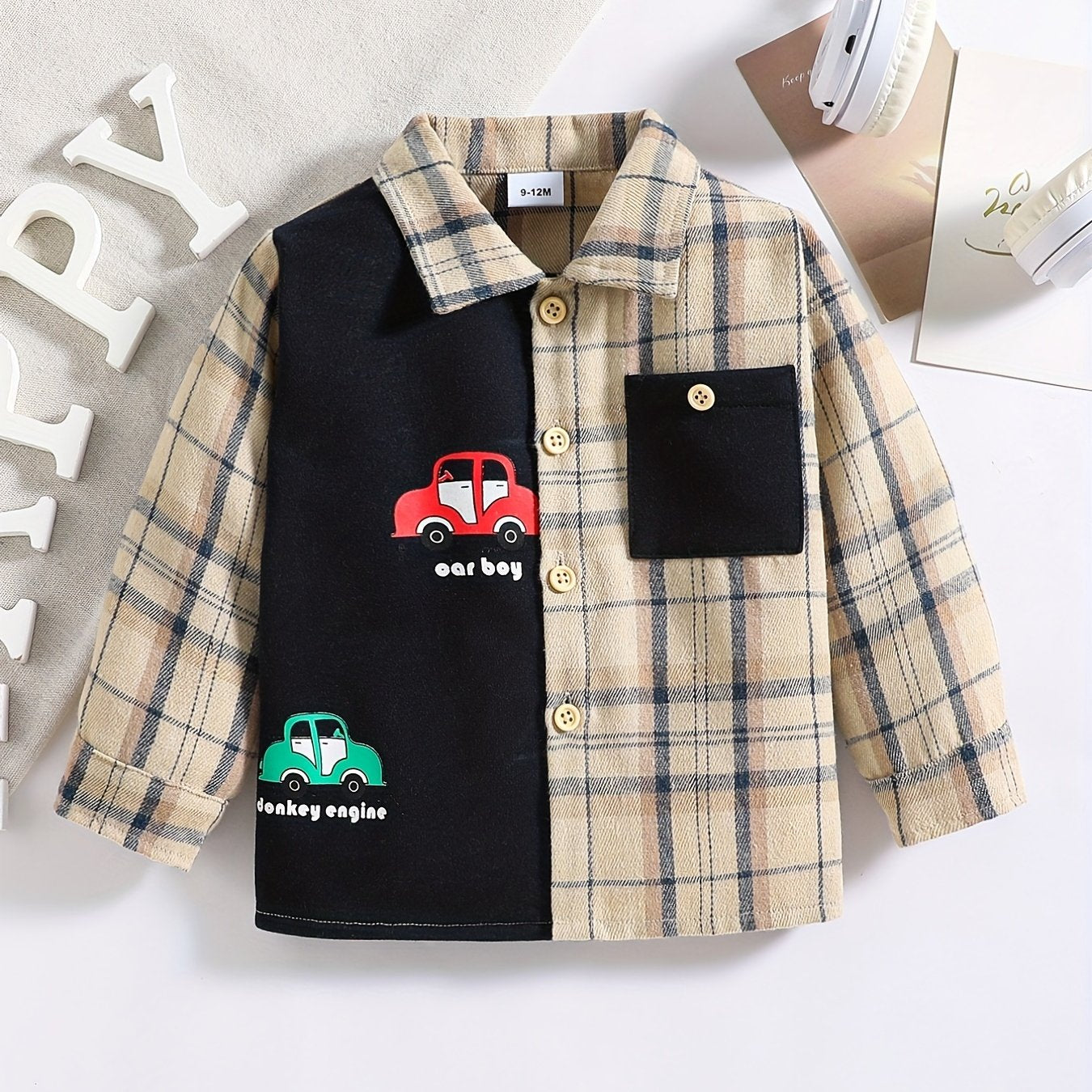 Boy's Car Print Plaid Shirt Casual Button Down Top