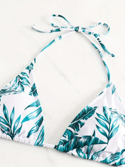Tropical Leaf Print Tie Back Halter Bikini Set