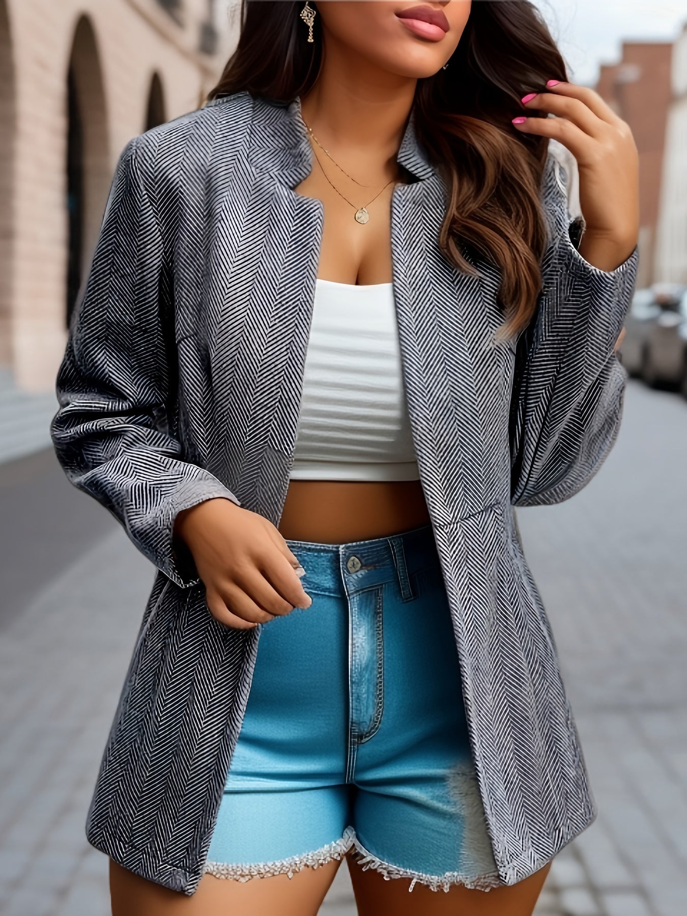 Chevron Print Woolen Long Sleeve Blazer