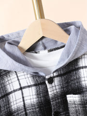 Boys Plaid Shirts Long Sleeve Hooded Tops Spring Fall Outwear
