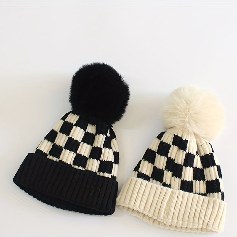 Kids Chessboard Pattern Winter Hat Warm Woolen Baby Accessories