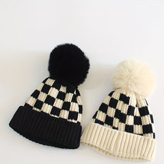 Kids Chessboard Pattern Winter Hat Warm Woolen Baby Accessories