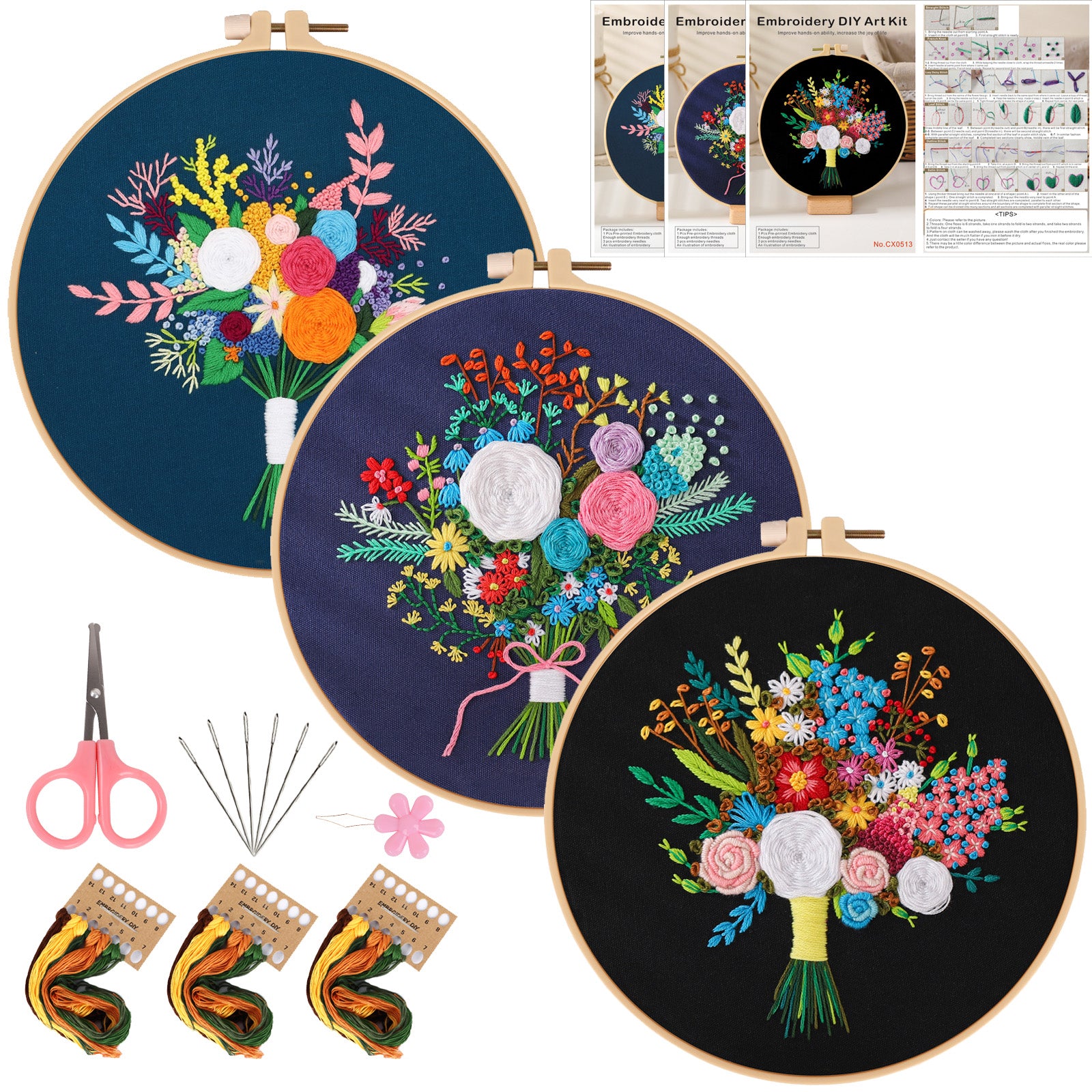 3pcs Embroidery Kit Flower Bouquet Pattern with Hoop 7 9 Inch DIY Gift