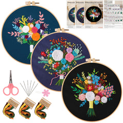 3pcs Embroidery Kit Flower Bouquet Pattern with Hoop 7 9 Inch DIY Gift