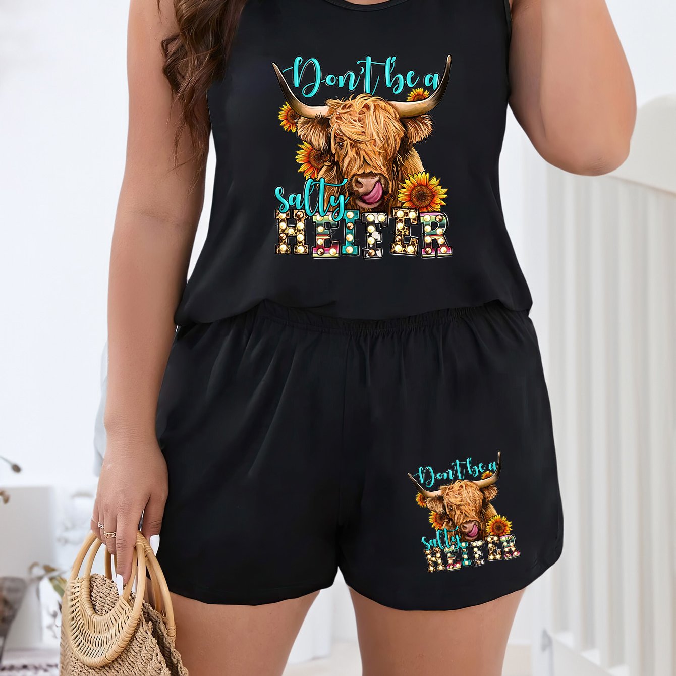 Sunflower & Cow Print Tank Top & Shorts Pajama Set