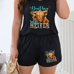 Sunflower & Cow Print Tank Top & Shorts Pajama Set