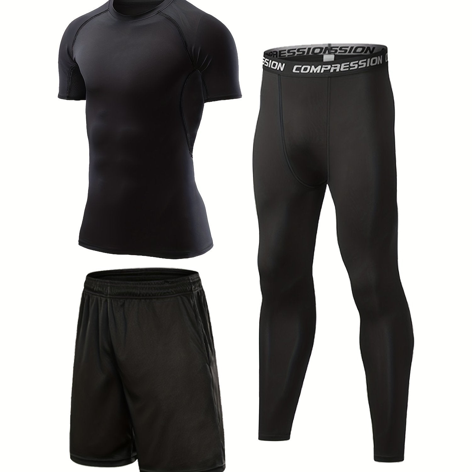 Men's 3-Pc Short Sleeve T-shirt Shorts Leggings Quick Drying Gym Outfit