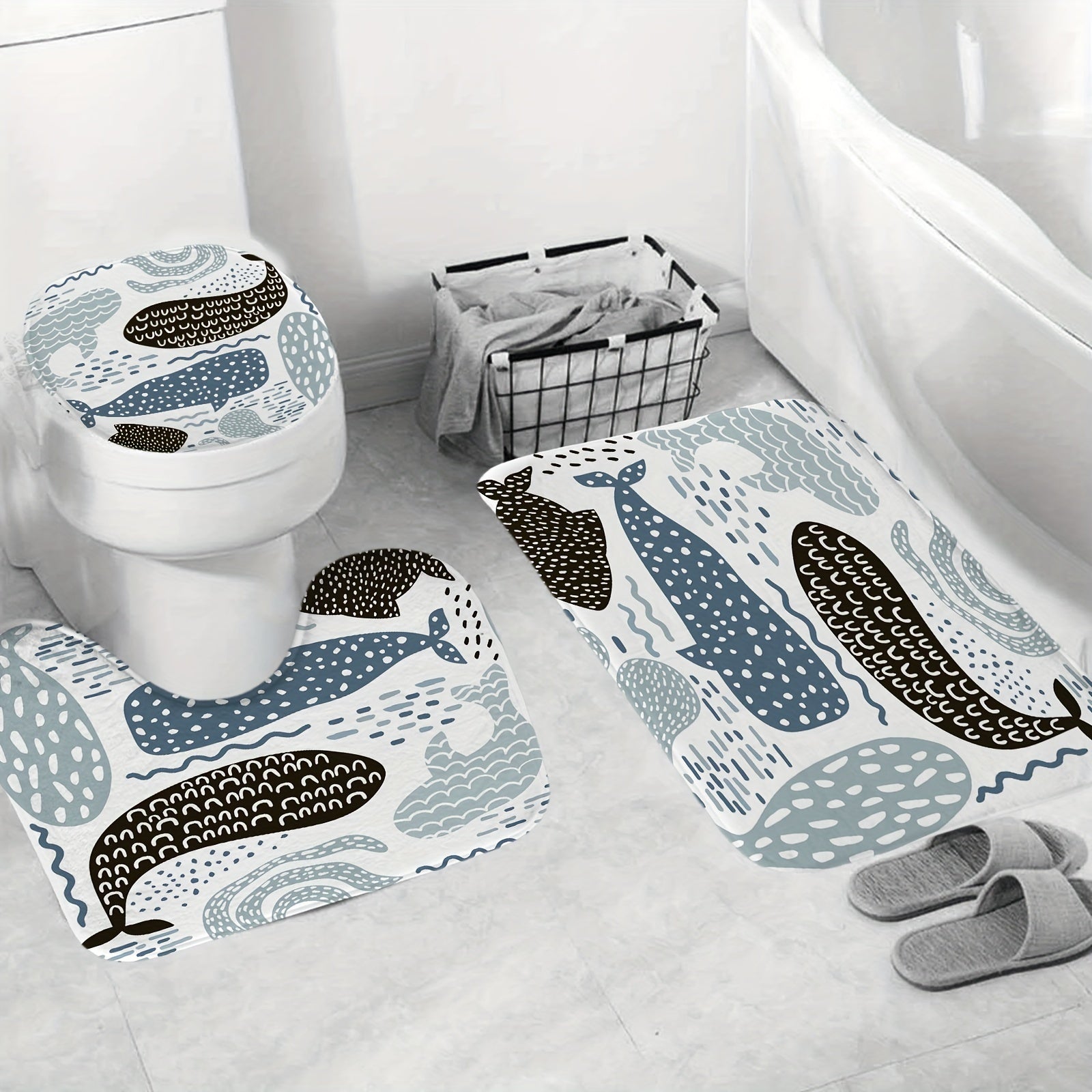 Whale Shower Curtain Set Fun Ocean Cartoon Bathroom Curtain Polyester Curtain