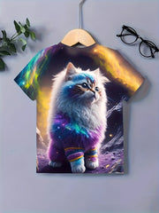 Aurora Cat Graphic Short Sleeve T shirt for Girls, Summer Sports Pullover
