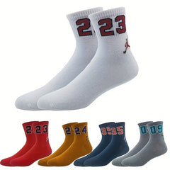 6 Pairs Men's Sports Number Letter Socks for Spring & Summer