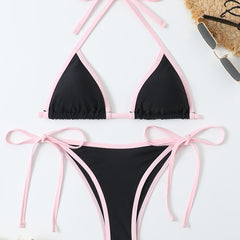 Pink Triangle Halter Neck Two Piece Bikini Sets