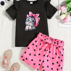 2pcs Toddler Girls Cat Graphic T Shirt & Heart Graphic Shorts Set