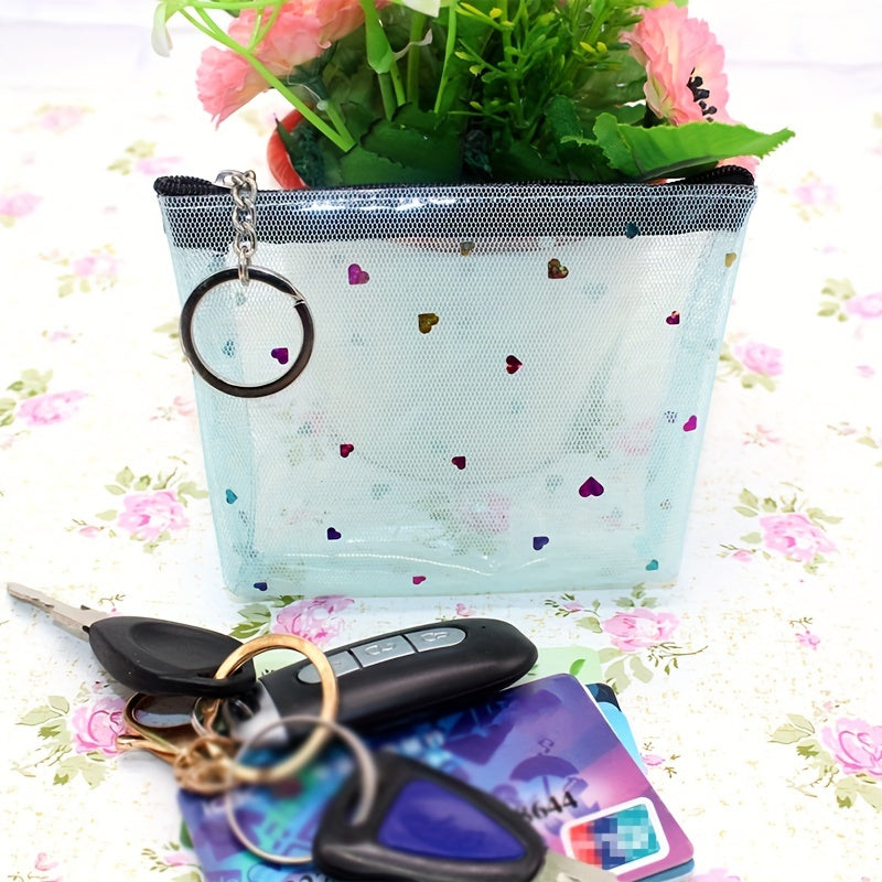 Clear Heart Decor Coin Purse With Keychain Mesh Cosmetic Bag Zipper Wallet