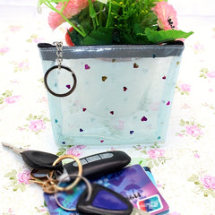 Clear Heart Decor Coin Purse With Keychain Mesh Cosmetic Bag Zipper Wallet