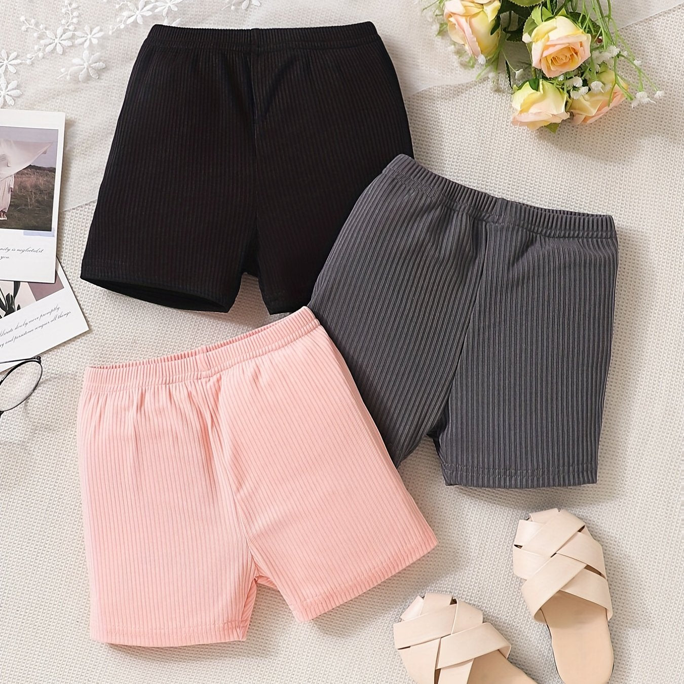 Toddler Baby Girls Ribbed Kit Shorts 3pcs Set